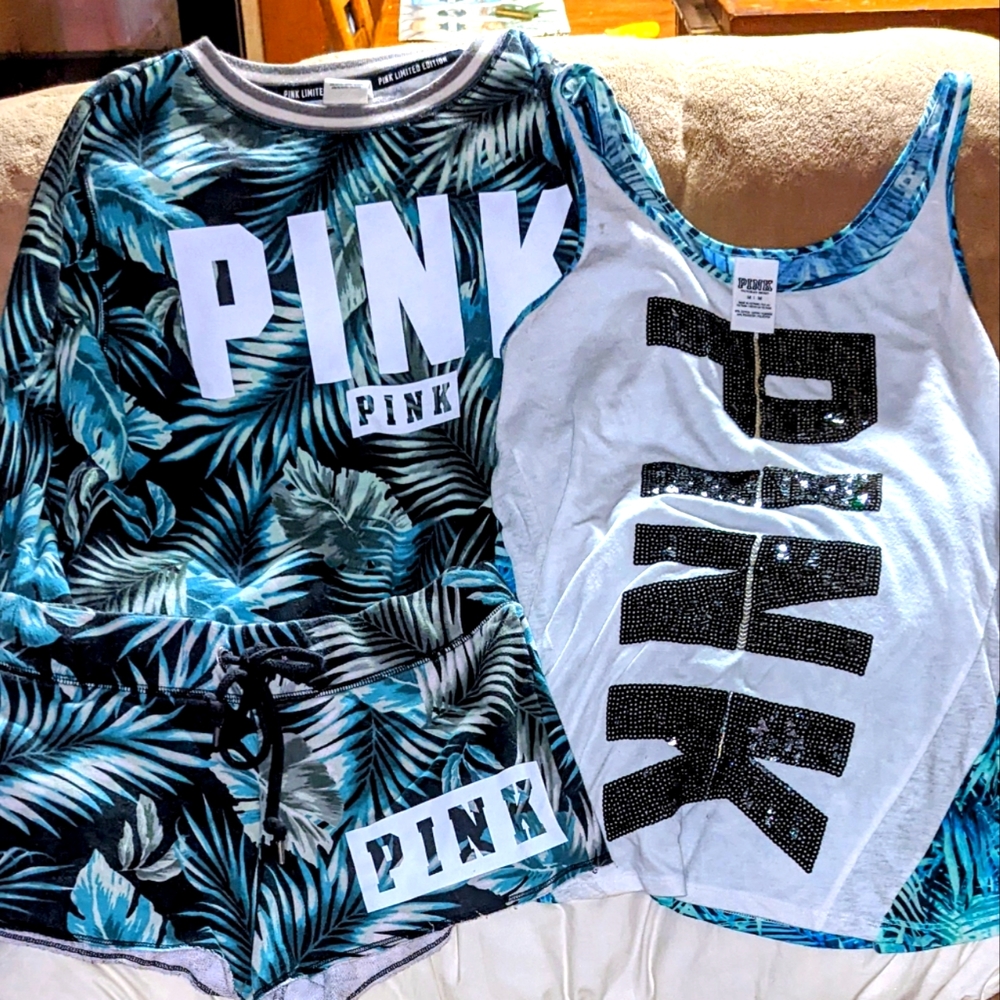 RARE limited edition plan leaf crew neck vs PINK matching shorts and Bling tank